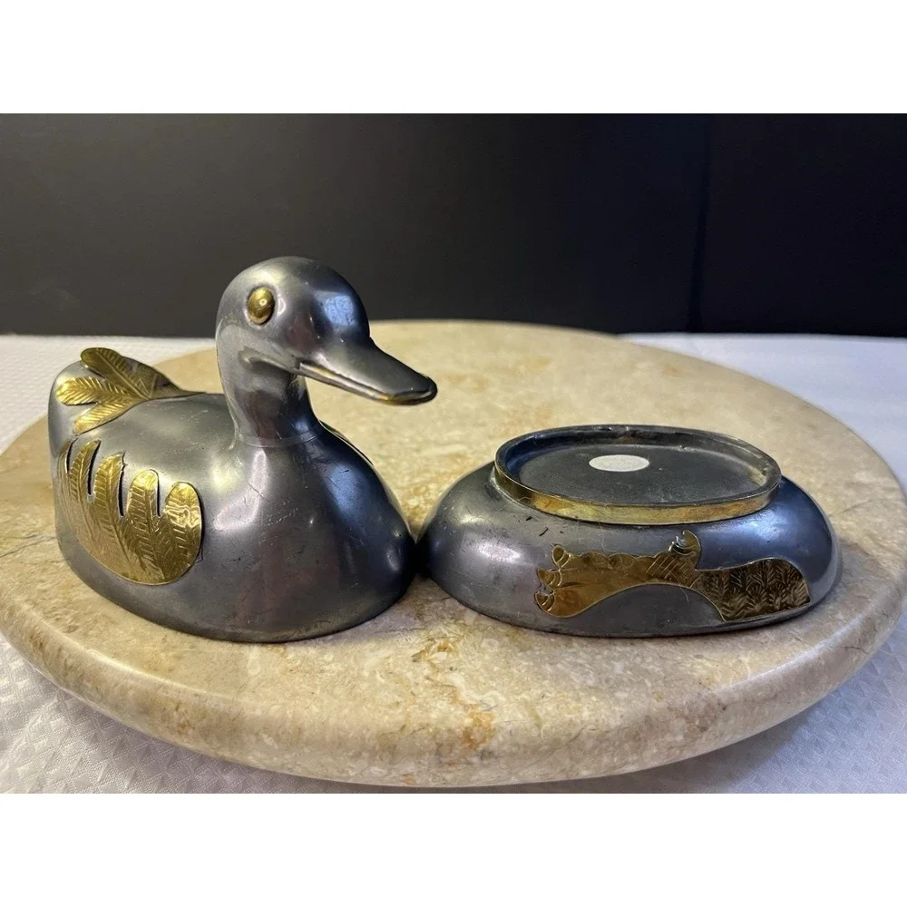 Vintage 1970's Pewter Duck Trinket Box with Brass Overlay Hong Kong